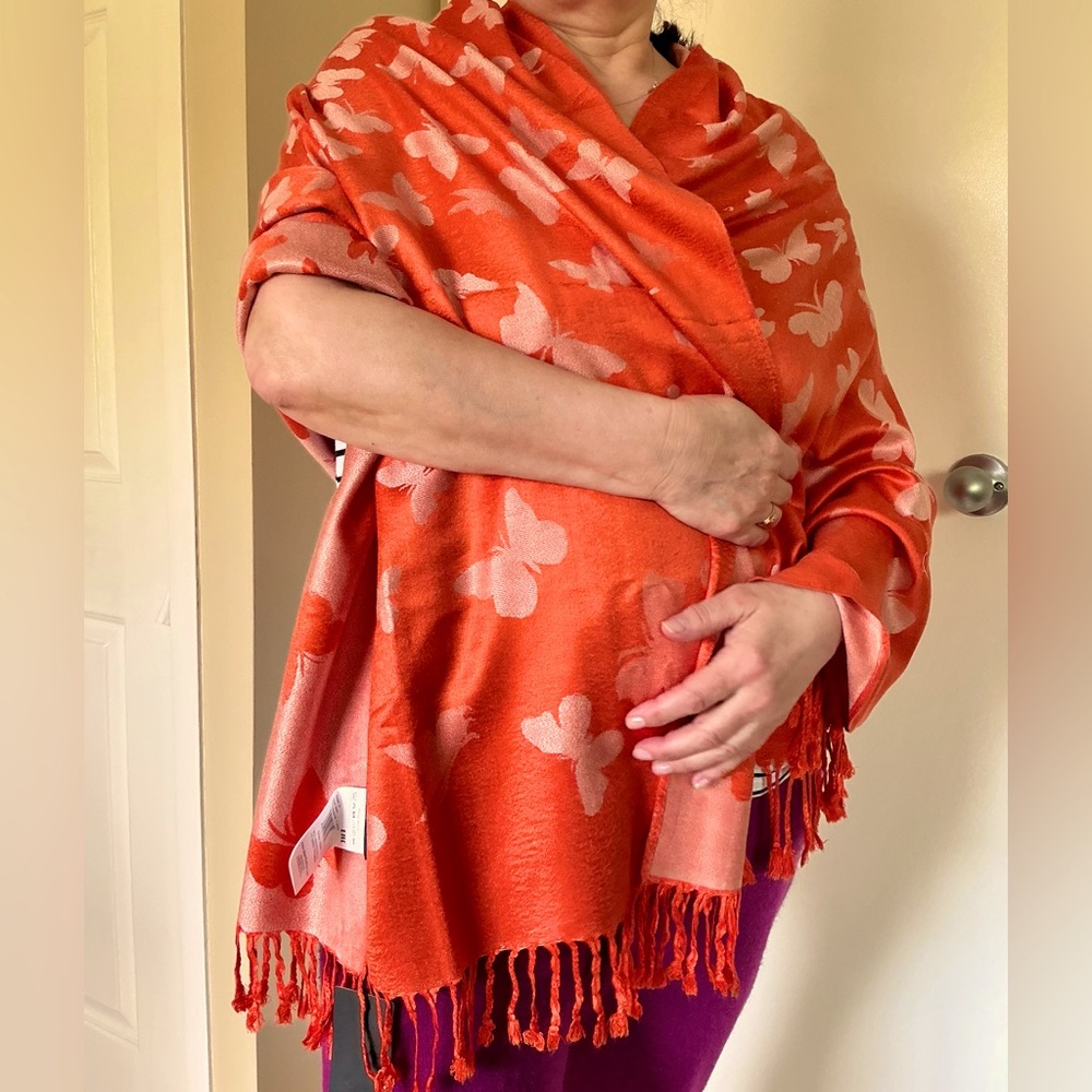 NWT OLSEN Orange Butterfly Patterned Shawl